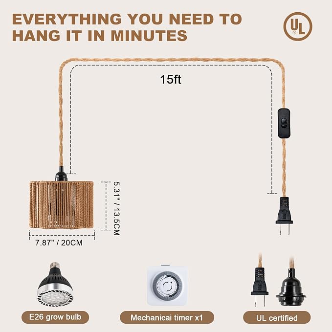 Grow Lights for Indoor Plants, Boho Plants Light, with Timer and 15FT Power Cord, 30W Pendant Plant Lights for Indoor Growing,Grow Light for Garden, Flowers, Monstera Growing
