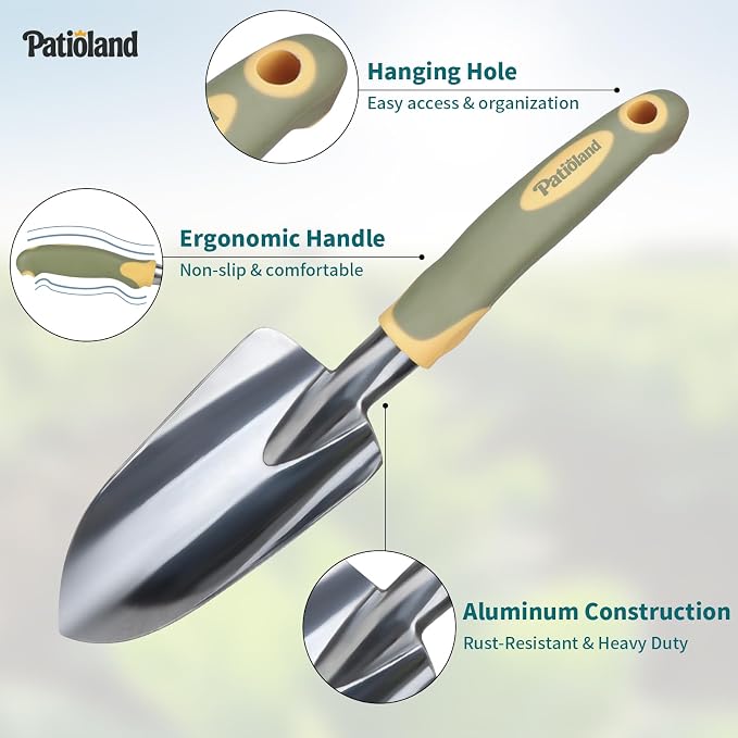 4-Piece Green Garden Tools Set,Patioland Ergonomic Gardening Hand Tools w/Hand Trowel,Cultivator Rake,Pruning Shear & Gloves for Planting Weeding,Yard Tools Gift for Women Men Gardender Plant Lovers
