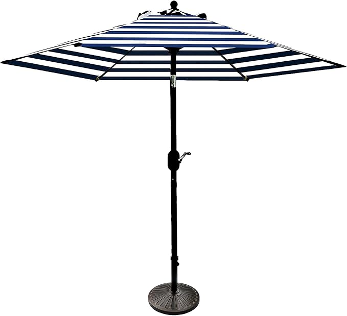 Sunnyglade 7.5' Patio Umbrella 6 Ribs (Blue & White) | 18" 30.2-lbs Heavy Duty Round Antiqued Umbrella Base, Bronze