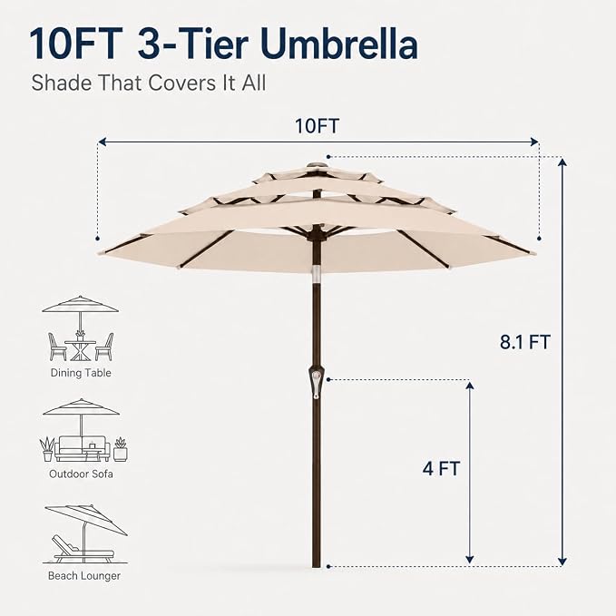 10ft Patio Umbrella, 3-Tier Vented Outdoor Table Umbrella with 8 Sturdy Fiberglass Ribs, Windproof Market Umbrella with Push Button Tilt and Crank, UV Protection for Deck, Pool, Beige