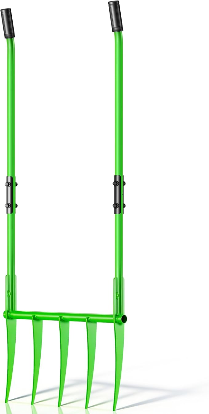 56'' Heavy Duty Broadfork for All the Soils, Unbreakable Pitchfork, 5 Sharp Cambered 11'' Tines Bord Fork Garden Tool, Ergonomic Handles, Good Package, Easy Assembly, Cultivator & Tiller, Green.