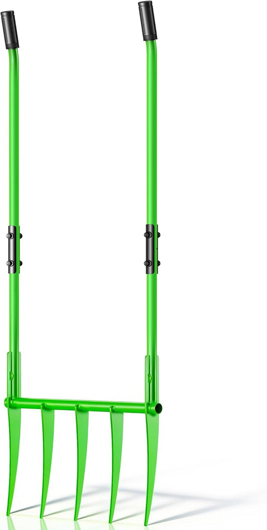 56'' Heavy Duty Broadfork for All the Soils, Unbreakable Pitchfork, 5 Sharp Cambered 11'' Tines Bord Fork Garden Tool, Ergonomic Handles, Good Package, Easy Assembly, Cultivator & Tiller, Green.