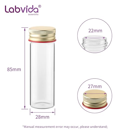 20pcs 25ml Glass Test Tubes with Screw Caps Leak-Proof Clear Tube Vials for Liquid Sample Essential Oil Seeds Lab Party Home Storage LVH008