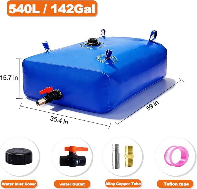 GHOSOONE 540 L/142 Gal Water Bladder Tank, Foldable Portable Water Storage Container, Emergency Water Bag for RV, Truck Bed, Fire Prevention, Drought Resistance, Blue