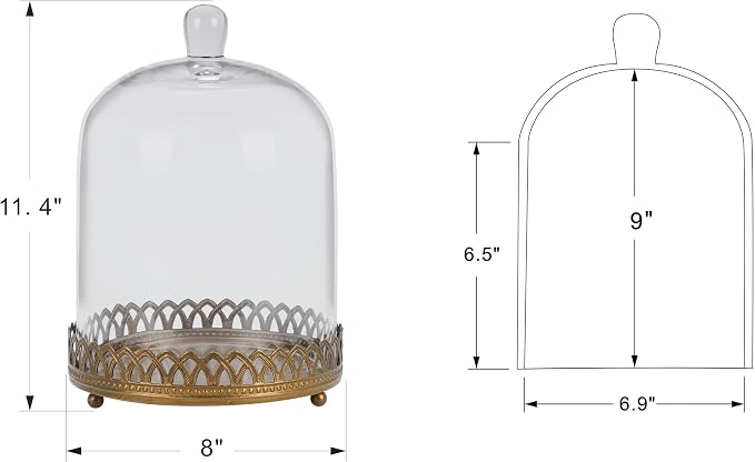 Twakutwku 12" Tall Large Sturdy Handmade Glass Cloche Dome with Metal Base in Gold for Plant, Terrarium, Collectibles, Candle. Cloche Glass Dome, Bell Jar Display Case (Gold, 12")