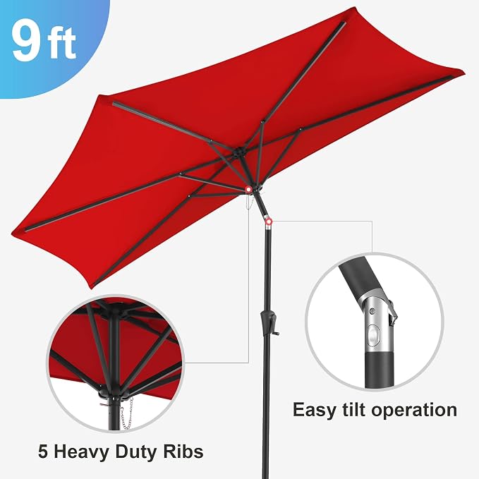 9FT Half Umbrellas Outdoor - Half Patio Umbrella with Tilt, UV Protection Waterprool, Half Round Umbrella for Wall Balcony, Pool, Porch, Garden, Deck, Backyard (Red)