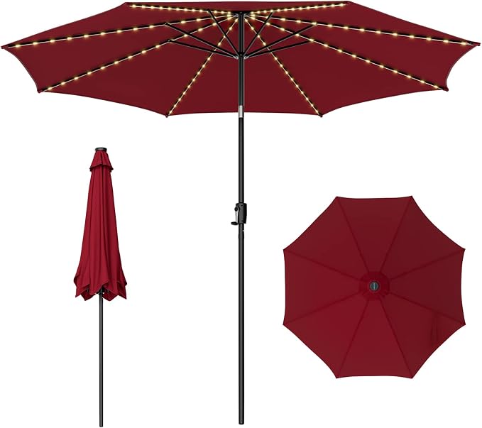 HAPPYGRILL 10 FT Solar Patio Umbrella with 112 LED Light, Outdoor Umbrella with Tilt Adjustment, Crank System, 8 Metal Ribs & Vented Top, Deck Table Market Umbrella for Garden Pool Deck Yard