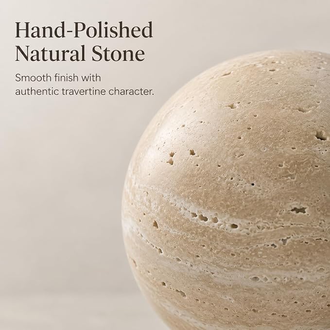 Natural Travertine Decorative Sphere, 3.15 Inch Stone Ball Decor, Hand-Polished Beige Orb Accent for Coffee Table, Shelf, Dresser and Living Room