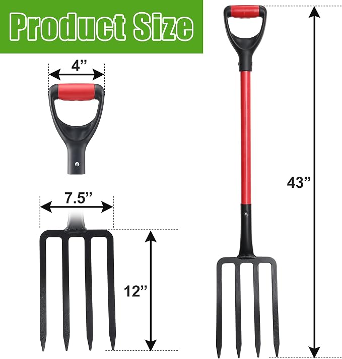 Pitch Fork for Hay, Heavy Duty Pitchfork for Garden, Metal Broadfork Yard Garden Tools Long Handle for Gardening Digging, Mulching 43 inch