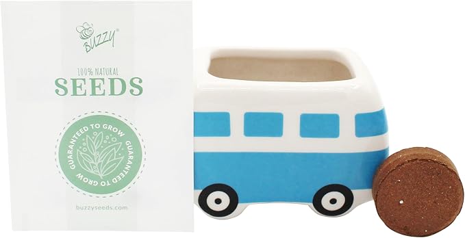BUZZY Seeds Mini Ceramic Flower Bus Grow Kit 4-Pack - Bus Ceramic Planter - Complete Indoor/Outdoor Gardening Kit with Seeds, Coconut Husk Growing Medium & Genuine Pots - 100% Grow Guarantee