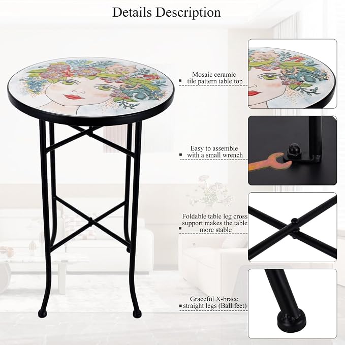 Mosaic Outdoor Side Table Small Round Patio Table Plant Stand | 21" Accent End Table with 14" Ceramic Tile Top for Small Spaces Porch Pool Garden Decor Indoor Living Room Bedroom Balcony