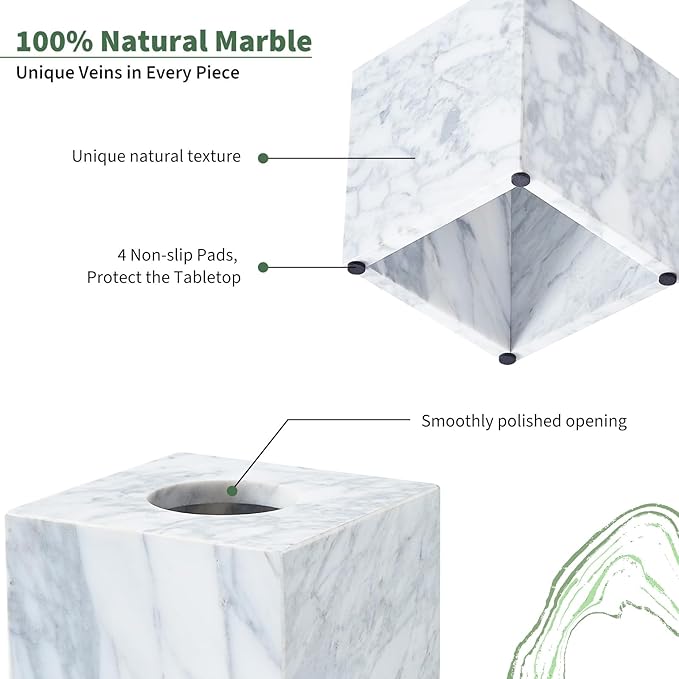 Real Natural Marble Tissue Box Cover, 5.5 Inch Square Marble Tissue Box Holder with Open Bottom, Heavy Stone Decorative Organizer for Bathroom Vanity, Kitchen Countertop, Luxury Home Décor