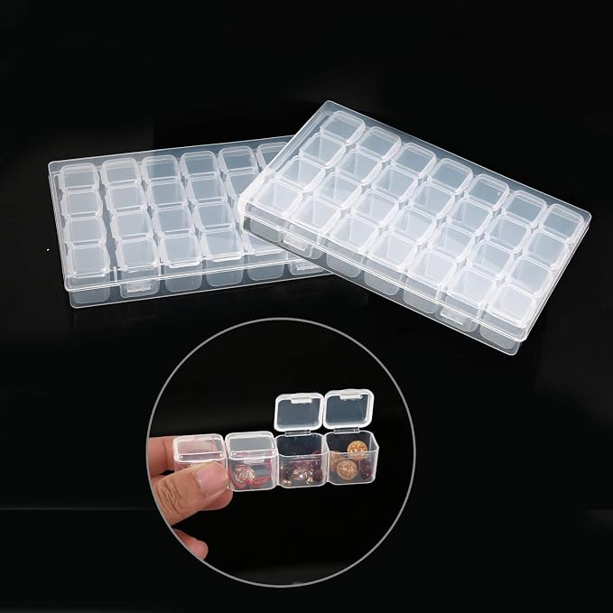 KINJOEK 4 Pack 28 Grids Diamond Paint Storage Boxes, 112 Slots Plastic Bead Organizer Containers with Labels, Movable Dividers Diamond Bead Painting Art Case for Cross Stitch Accessories Supplies