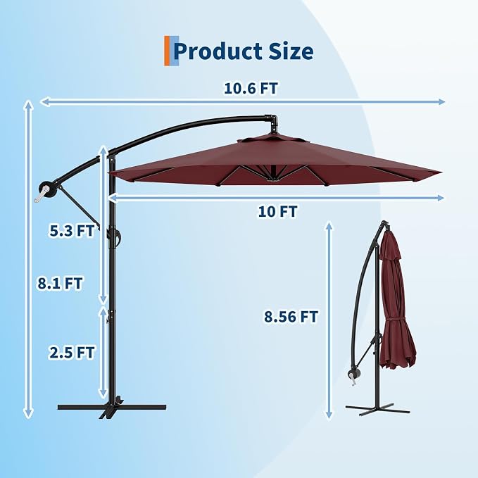 Garvee 10FT Offset Patio Umbrella with Cross Base, Cantilever Umbrella with Easy Lift & Tilt Adjustment, 8 Ribs Sun umbrella UV Protection for Backyard, Pool, Garden, Burgundy