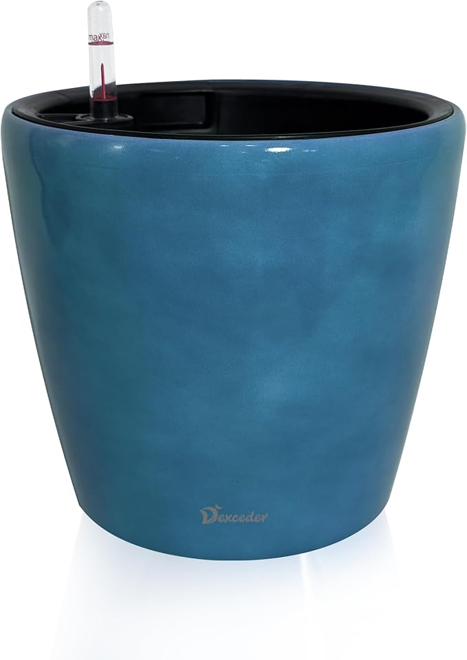 Dexceder 9x8 Self Watering Planter (Peacock Blue Gradient) | Inner Pot Design, Thickened Table Flower Plant Pot with Water Level Indicator Indoor Outdoor