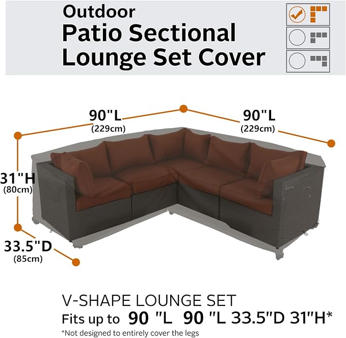 Heavy Duty Outdoor Sectional Sofa Cover, Waterproof 600D Patio Sectional Couch Protector, Lawn Patio Furniture Covers (Midnight Black, V-Shaped-90 x 90")