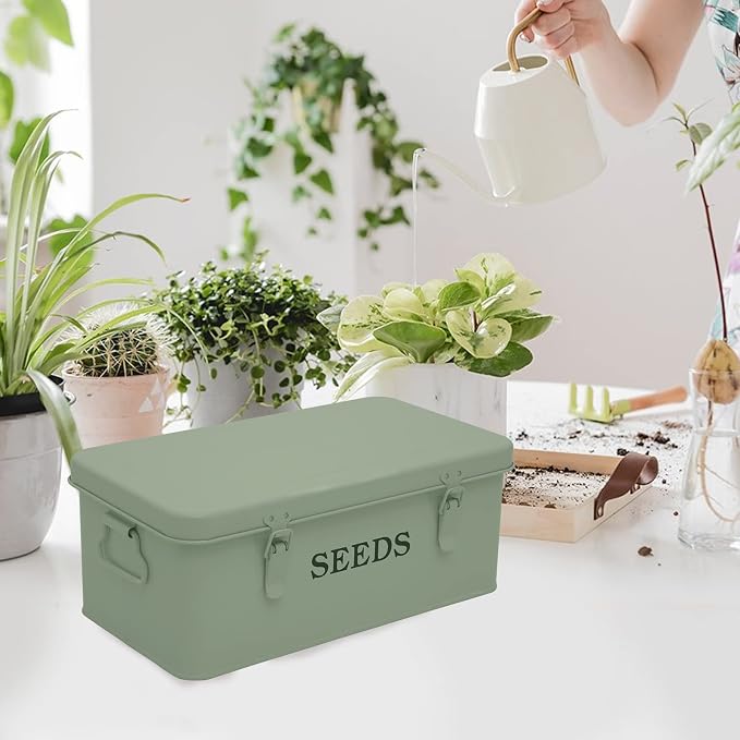 Seed Storage Box Metal Container Organizer, 4-Compartment Garden Seed Box with Safety Locks - Grayish Green