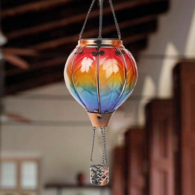 2PCS Solar Hot Air Balloon Flickering Flame Hanging Garden Light with Shepherd's Hooks, 18" H Waterproof Glass Outdoor Lantern for Yard Patio, Mother's Day Gift, Colorful-2PCS