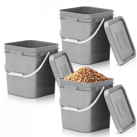Mumufy 3 Pcs 3.5 Gallon Square Food Grade Bucket with Lid Square Bucket Pail Plastic Handles for Long Term Food Storage, Camping, Fishing, Home Organization Easy Stack and Store (Gray)