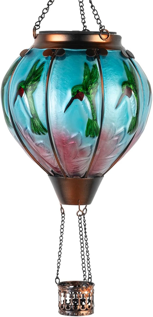 Larekook Hummingbird Hot Air Balloon Solar Lantern Outdoor Waterproof,Glass Garden Decor,Solar Hot Air Balloon Lantern with Flame Flickering Light for Yard Patio Lawn,Hummingbird Gifts for Women Mom