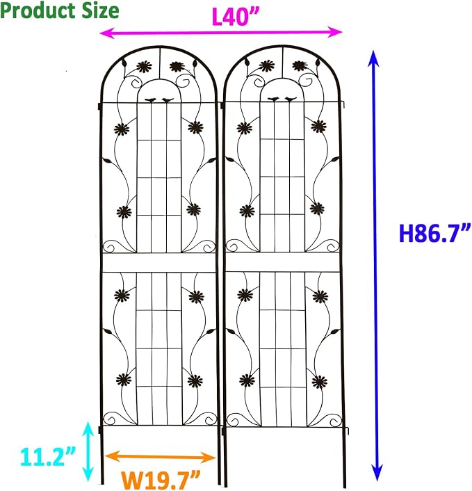 4/2 Pack White Metal Garden Trellis, 86.7" x 19.7" 71" x 19.7" Rustproof Plant Support Frame, Decorative Climbing Vine Trellis for Flower Vegetable Patio Garden Decor (Black, 86.7" x 19.7", 2 Pack)