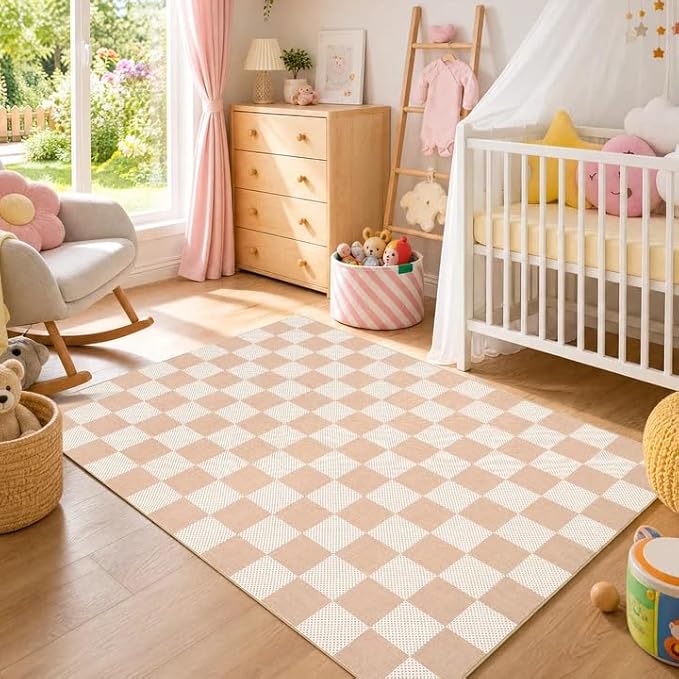 GarveeHome Checkered Blush Beige 3x5 Washable Rug Low-Pile Bedroom Nursery | Non-Slip Blush Beige Soft Stain Resistant Rug for Bedroom Bathroom Living Room Geometric Modern Rug TPE Backing
