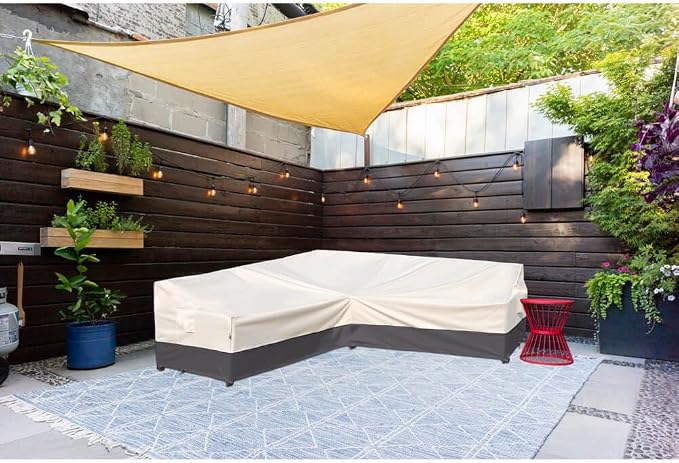 Outdoor Sectional Cover, 90-inch V Shaped Patio Furniture Sofa Covers Waterproof Rip-Stop Anti-UV 600D Heavy Duty Outdoor Couch Cover with 3 Air Vents, Beige & Charcoal