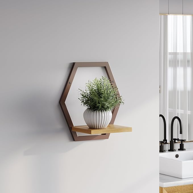 2 Pack Solid Wood & Metal Framework Wall Plant Stands,9 inch Natural Wood Shelf of Indoor,Mid Century Modern Hanging Planter for Outdoor Entryway 25 LB Load for Plants Coffee