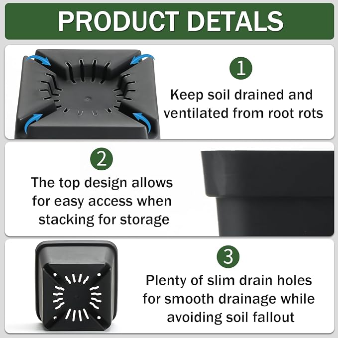 BTPLASTIK Square Nursery Pots 5.5 Inch, 50Pcs Plastic Sturdy Reusable Seedling Pots with Drainage Holes, Garden Flower Planters for Indoor/Outdoor, Transplanting, Succulents, Cuttings, Black