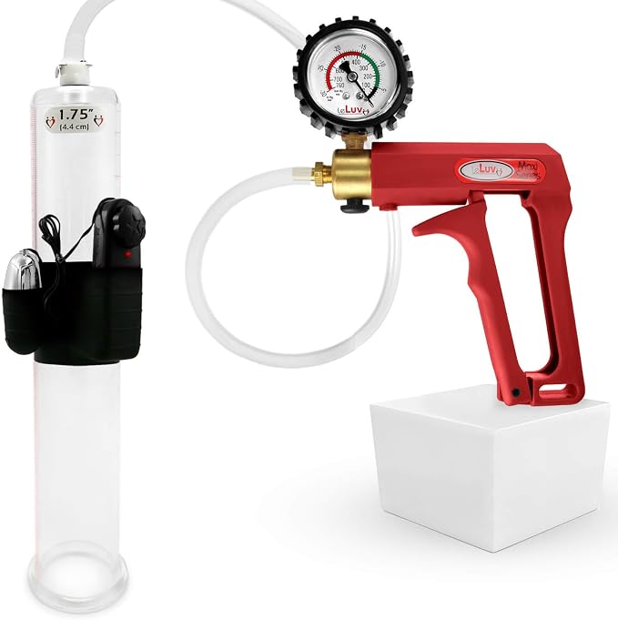 LeLuv Vibrating Penis Pump Maxi Red Handle + Protected Gauge - Bundle with Clear Hose - 12 inch Length x 1.75 inch Diameter Cylinder