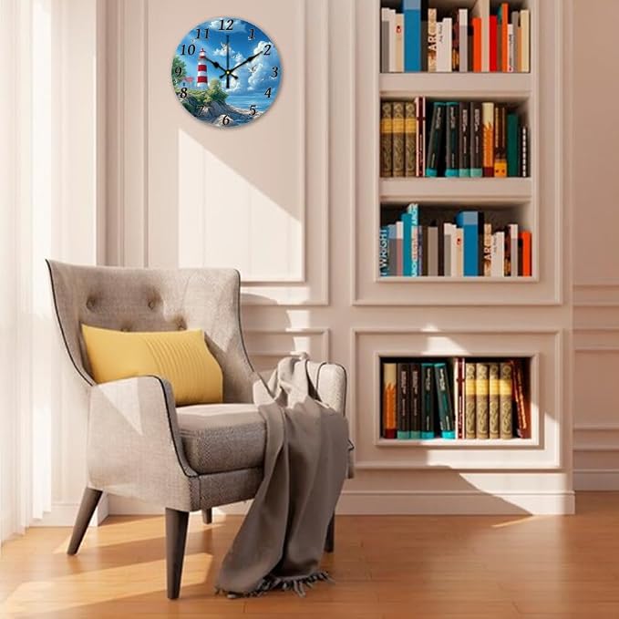 CHGCRAFT Ocean Lighthouse Wall Clock 12 Inch Battery Operated Wall Clock Non Ticking Silent Decorative Clock for Office Bedroom Home Decor