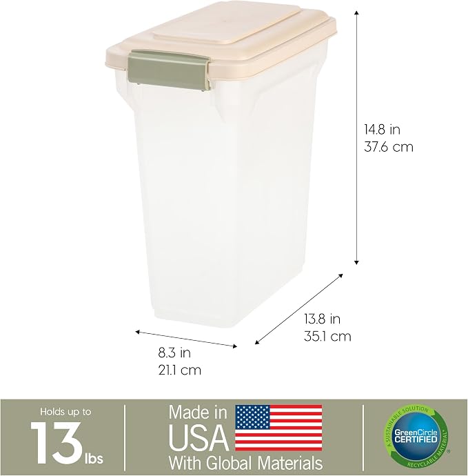 IRIS USA Dog Food Storage Container, Airtight Lid, Up to 13 Pounds Pet Food Storage, Versatile Pet Food Bin, Treats, BPA Free, Almond