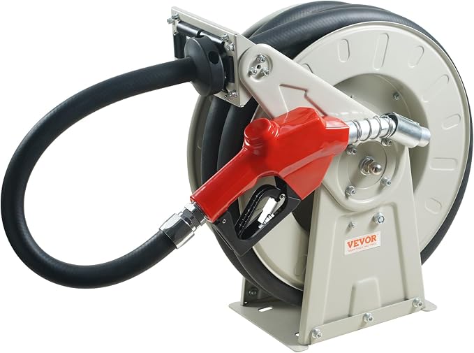 VEVOR Diesel Fuel Hose Reel 3/4" x 50', Retractable Hose Reel Extra Long, Heavy-Duty Carbon Steel Construction with Automatic Fuel Nozzle, NBR Rubber Hose for Vehicle Ship Aircraft Tank Truck, 300PSI