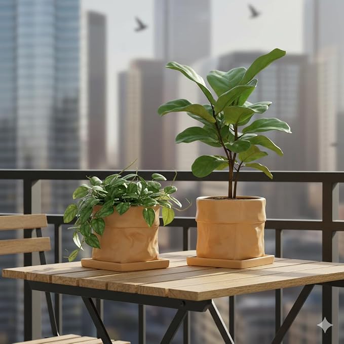 Nihow 8 Inch Ceramic Plant Pot with Drainage & Square Saucer,Terracotta | Bag Shape Design,Indoor & Outdoor,Living room/Office/Bedroom/Windowsill/Tabletop,Plant Lovers/Gardeners/Beginners
