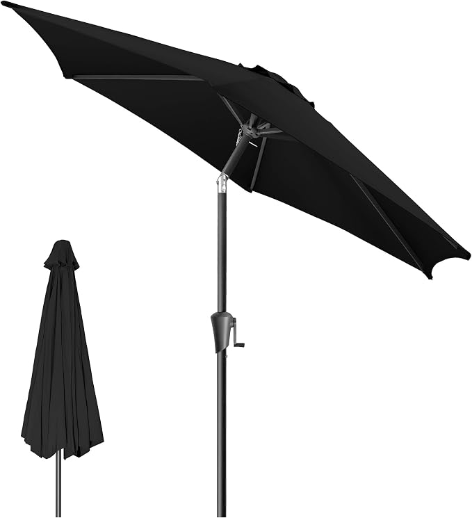 10ft Patio Umbrella Outdoor - Table Umbrella with 6 Sturdy Ribs, Market Umbrella with Push Button Tilt, UV Protection for Pool, Porch, Garden, Deck, Backyard (Black)
