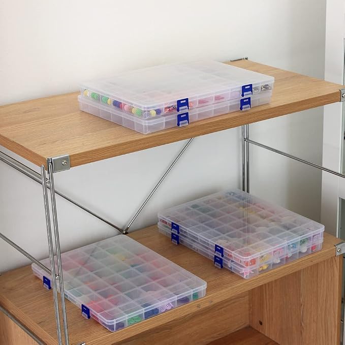 2 Pack Fixed 48 Grids Clear Plastic Divider Storage Box, Transparent Organizer Container Case for Bead, Button, Jewelry, Diamond, Craft, Small Parts, Sewing Kit，DIY Accessories