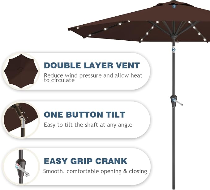 9FT Patio Umbrella with Solar Lights,Outdoor Market Umbrella with Tilt and Crank, LED Lighted Table Umbrella for Garden,Deck,Backyard,Pool,Beach (Brown)