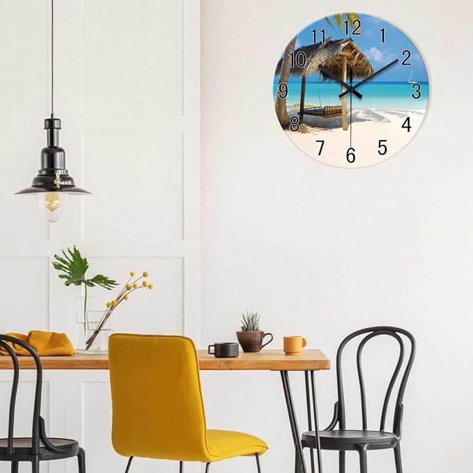 XFM Beach Wall Clock 14 Inch Blue Glass | Battery Operated Silent Non Ticking Hawaii Summer Tropical Coastal Decorative for Living Room Kitchen Bedroom Office