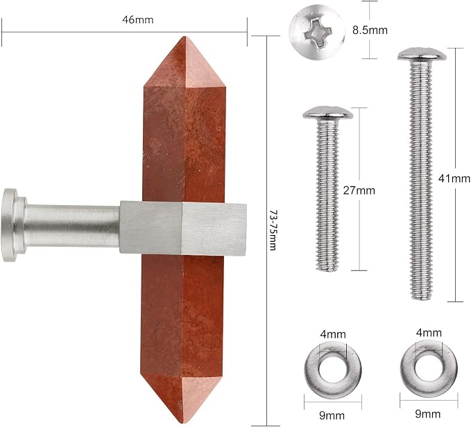 mookaitedecor Set of 2 Red Japer Double Crystal Points Drawer Knobs with Screws, Decorative Stone Cabinet Handle Pulls for Dresser Cupboard Kitchen Decor, Brushed Stainless Steel