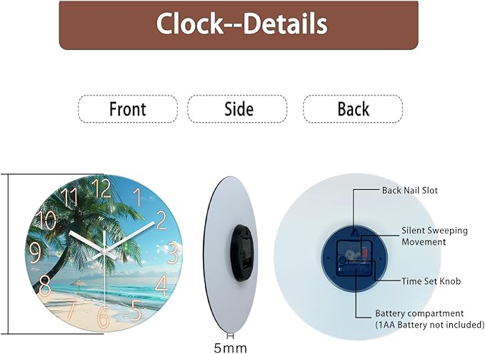XFM Tropical Beach Wall Clock 12 Inch Silent Blue Coastal | Non-Ticking Battery Operated Modern Glass Palm Tree Round Decorative for Living Room Kitchen Bedroom Office