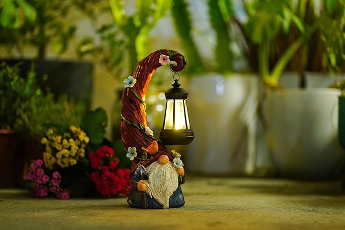 Pohabery Gnome Garden Decor Statue Solar Gnomes Decorations for Yard with Lantern Light Outdoor Decorations for Patio Mom Gift