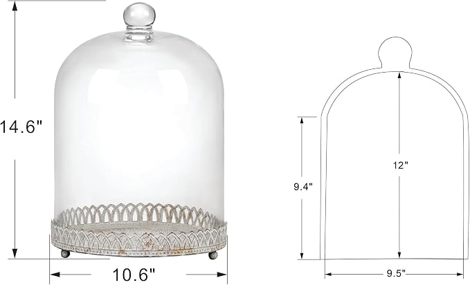 Twakutwku 14" Tall Large Sturdy Handmade Glass Cloche Dome with Metal Base in Shabby White for Plant, Terrarium, Collectibles, Candle. Cloche Glass Dome, Bell Jar Display Case (Shabby White, 14")