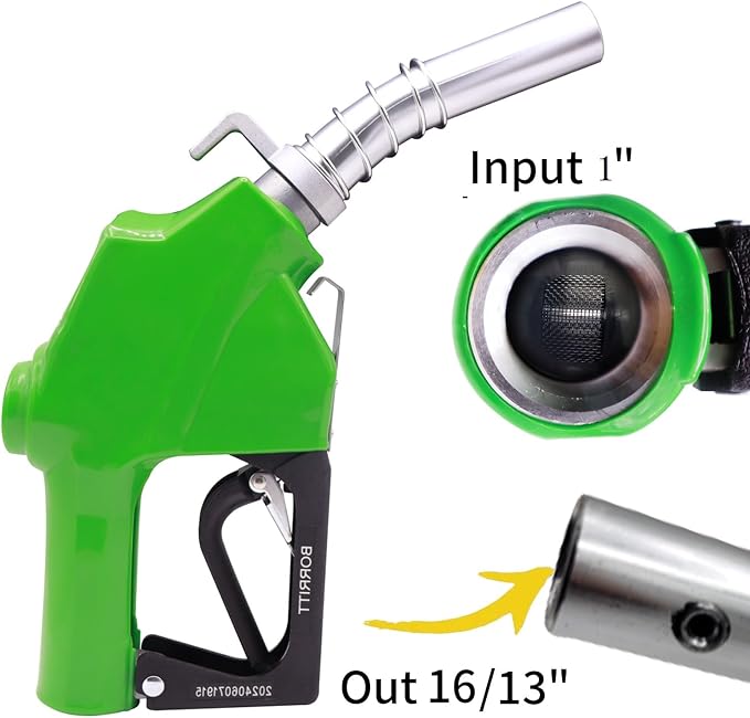 1" Inch NPT Green Automatic Fuel Nozzle Heavy Auto Shut-Off Aluminum Alloy Diesel Petrol Fuel Transfer Pump Nozzle W/Three Notch Hold Open Clip The Max Flow Rate 32 GPM Not for gravity tank
