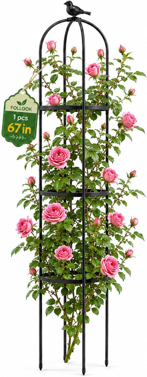 FOLLOOK Garden Obelisk Trellis for Climbing Plants Outdoor, Lightweight Climbing Plant Support Flower Roses Clematis Vegetable Light Vines Round Trellis for Raised Garden Bed Planter, Black, 1 Pack