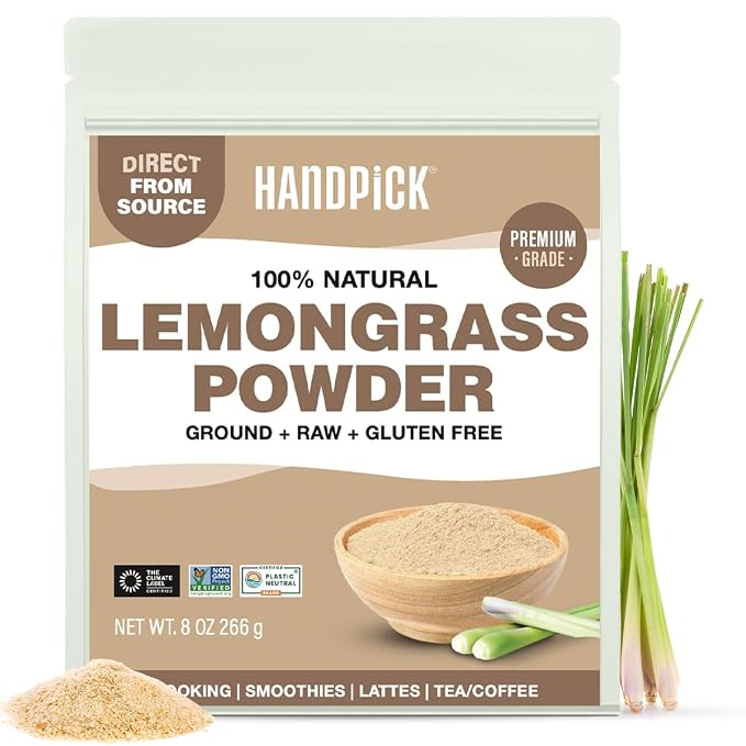 HANDPICK Lemongrass Powder (226g/8oz) Non GMO, Gluten Free, 100% Raw, Sourced from India, For Cooking, Smoothies, Tea, Packed in Resealable Ziplock Pouch (Packaging may vary)