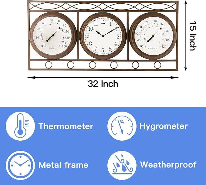 BESTIME 66285A Three-in-one Metal Wall Clock.Thermometer,Hygrometer,Weatherproof,Indoor,Outdoor,Weather Resistant.Whether Industrial,Country,Rustic.