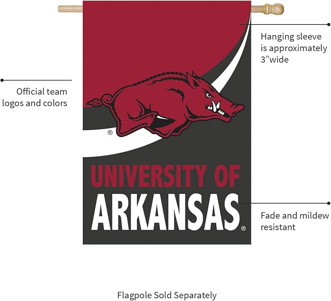 Team Sports America NCAA University of Arkansas House Flag, 28 x 44, Double Sided Garden Flags for Outside, Outdoor College Flags & Banners for Garden Patio, Indoor Wall Decor Flag for Room