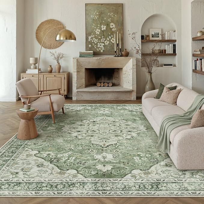 Sage Green Area Rug 8x10 Living Room Vintage Non-Slip Carpet | Machine Washable, Soft, Low Pile, Distressed, Large for Bedroom, Dining Room, Office, Retro Farmhouse Decor
