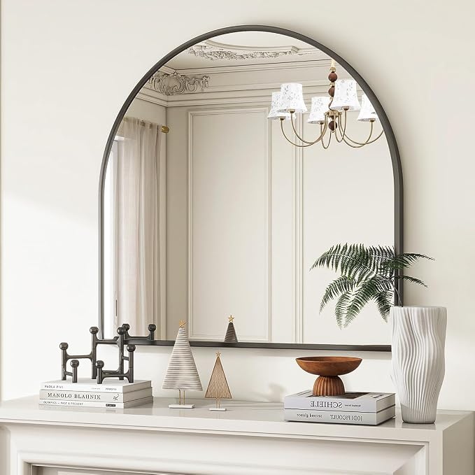 Wide Arched Wall Mirror, 31 x 32 inch Arch Bathroom Mirror Black | Wall Mounted Bathroom Vanity Mirror with Arch Metal Frame, Modern Room Decor for Bedroom, Entryway, Hanging or Leaning