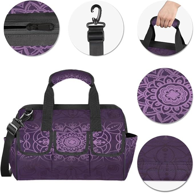 Purple marble pattern Tool Bag – Heavy-Duty Multi-Pocket 14+ Pockets (6 Inner + 6 Outer + 2 Side), Removable Shoulder Strap, for Construction, Gardening, Camping, Travel – 14.8 x 9.1 x 10 Inches